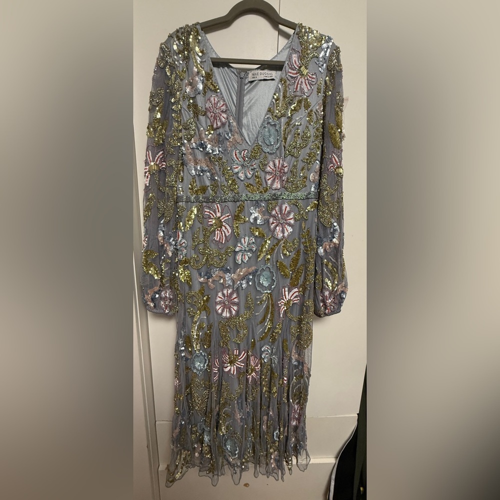 NWT Mac Duggal 5423 Gray Platinum Multi Long Cuff Sleeve Midi Dress Size 12 - Picture 16 of 16